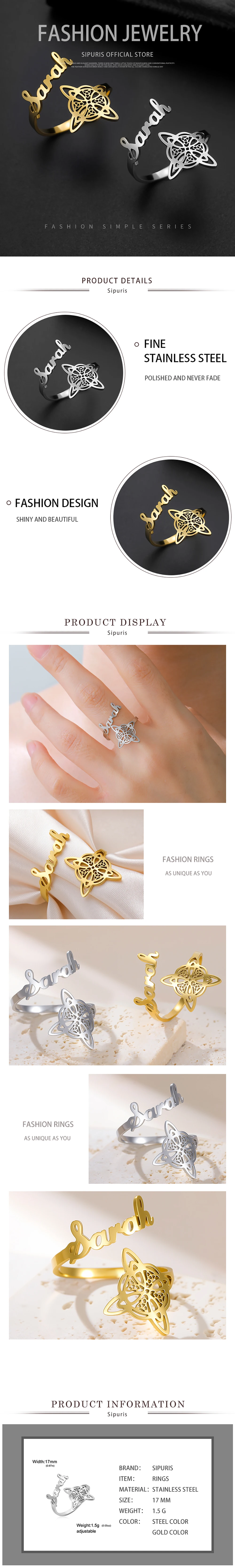Sipuris Personalisierte Namensringe für Damen und Herren aus Edelstahl, Trendiger Keltischer Knoten Amulett-Ring, Schmuck, Hochzeitsgeschenke – Detail 8