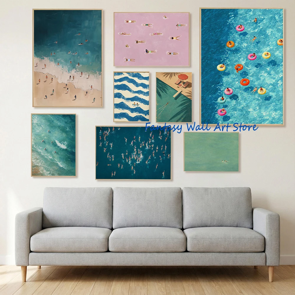Nordic Summer Beach Pool Swimming Party Ocean Swimming Wall Art Print Poster Canvas Painting Picture Summer Holiday Home Decor