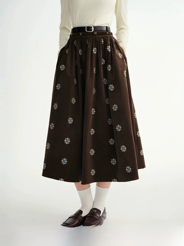 

Large Size Women's Corduroy Embroidered A-Line Skirt Autumn Winter Vintage Sle Pleated Single Piece High Waist Midi Skirt