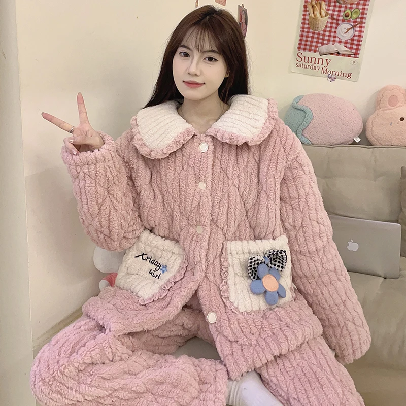 Korean Fashion Winter Coral Fleece Nightwear Women's Flannel Cardigan Lapel Pajamas Set Youth Girl Female Thickened Sleepwear image 2