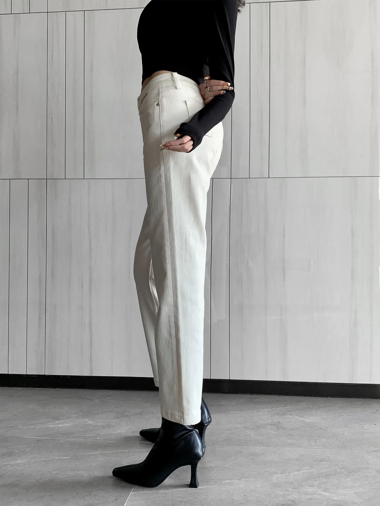 METHOD SLIM HIGH-WAISTED CASUAL WHITE JEANS NEW STYLE HIGH-END FASHION NINE FEMME STRAIGHT PANTS - FORGUNROSES