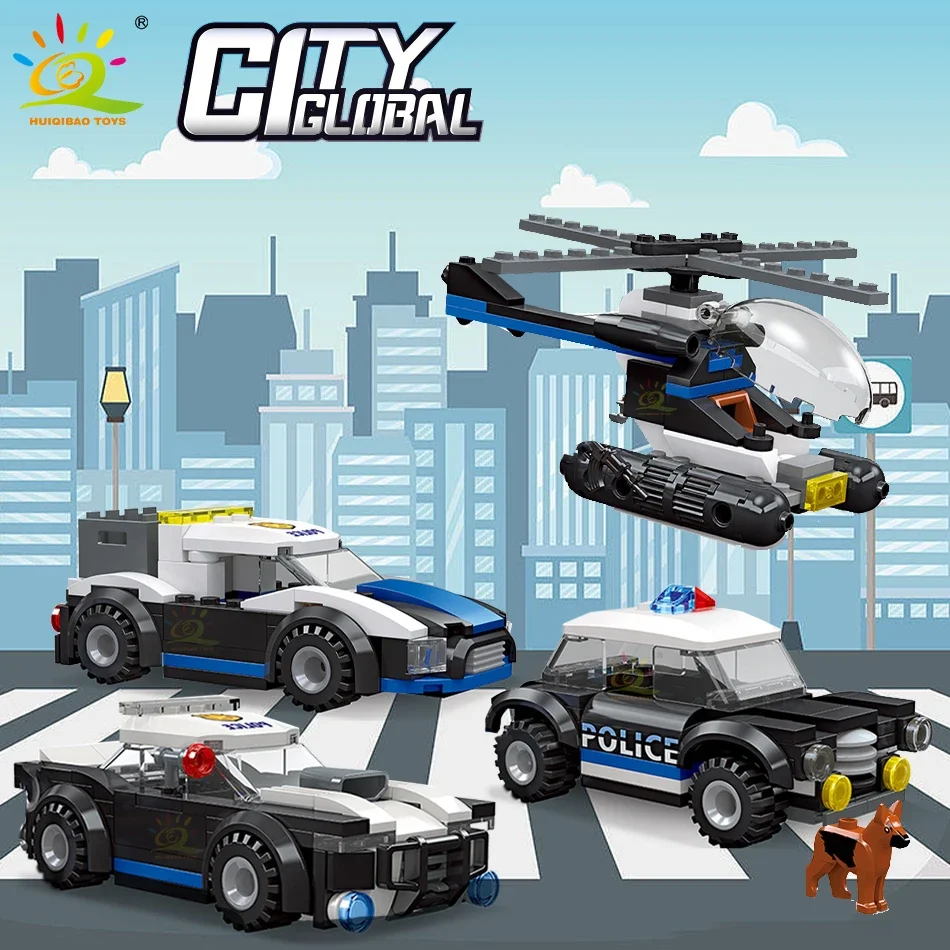 HUIQIBAO Police Vehicle Building Blocks SWAT Truck Car Helicopter Policeman Policedog Bricks City Construction Toys for Children