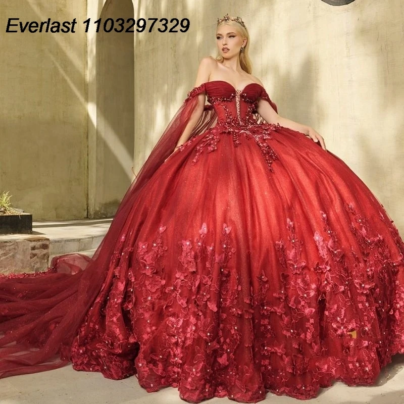 EVLAST-Vestido De Quinceañera De mariposa roja, apliques De cuentas De cristales con capa, corsé, dulce 16, 15 años, TQD547