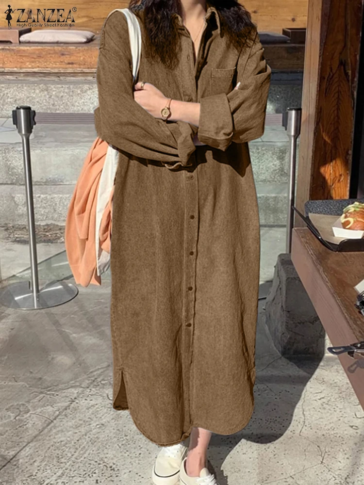 

ZANZEA 2022, женские однотонные платья макси, осеннее повседневное однобортное длинное платье, халаты с длинными рукавами, платье большого размера с воротником с лацканами