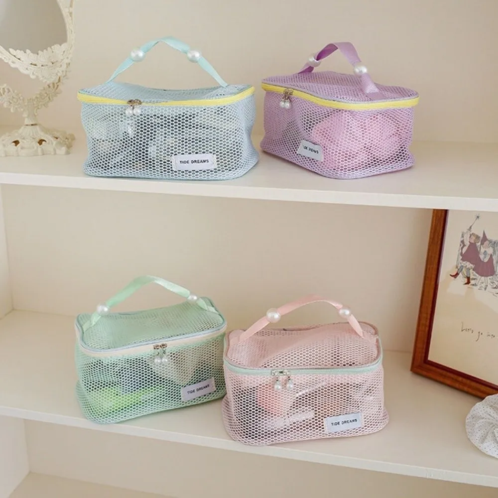 See Through Mesh Cosmetic Bag Portable Large Capacity Travel Toiletry Bag Hanging Rope With Pearl Zipper Pencil Case Women