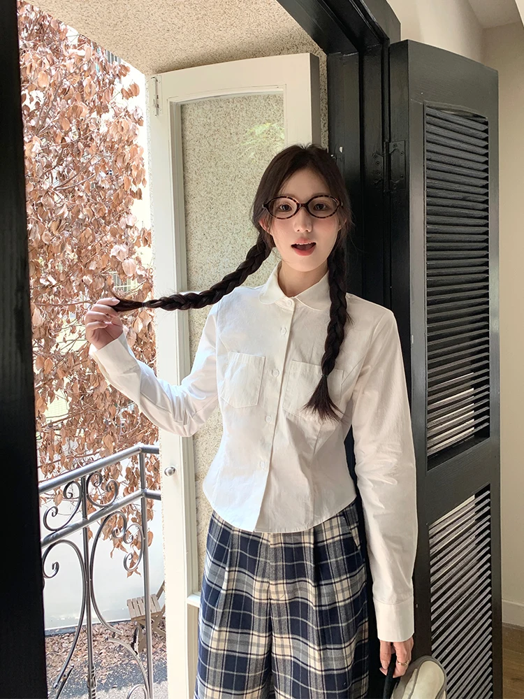 

Cozydays Women's Long Sve irt Sweet Sle Slim Fit Cotton Pure Color Button up Casual Inner Wear Doll Collar irt