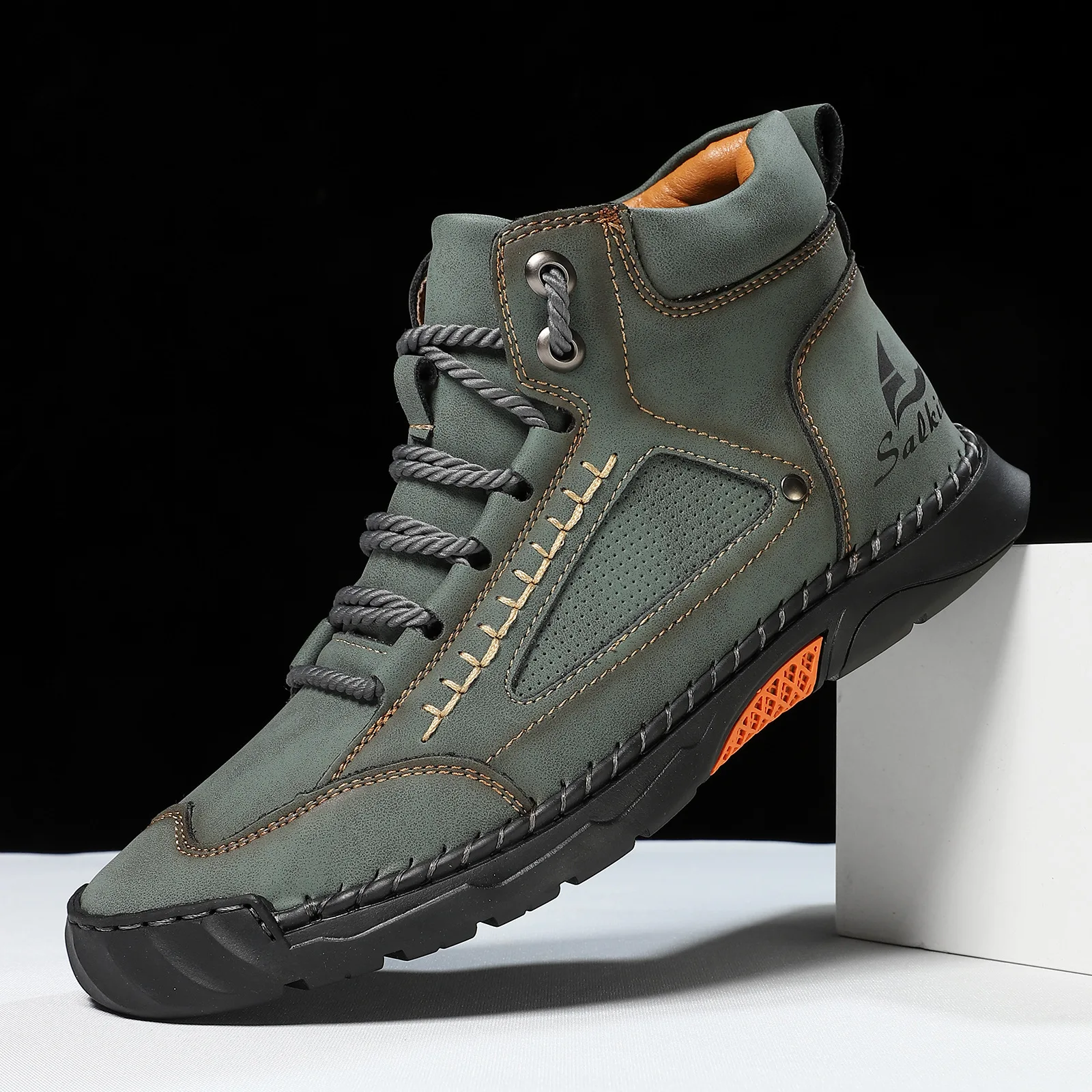 Men's PU leather boots for autumn and winter 2025 men's fashionable handmade stitched lace up casual shoes