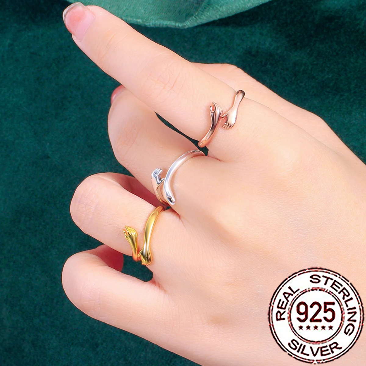 CWWZircons S925 Sterling Silver Chic Hug Hands Open Adjustable Rings Multicolor Fine Jewelry for Women Wedding Party Gifts SR025