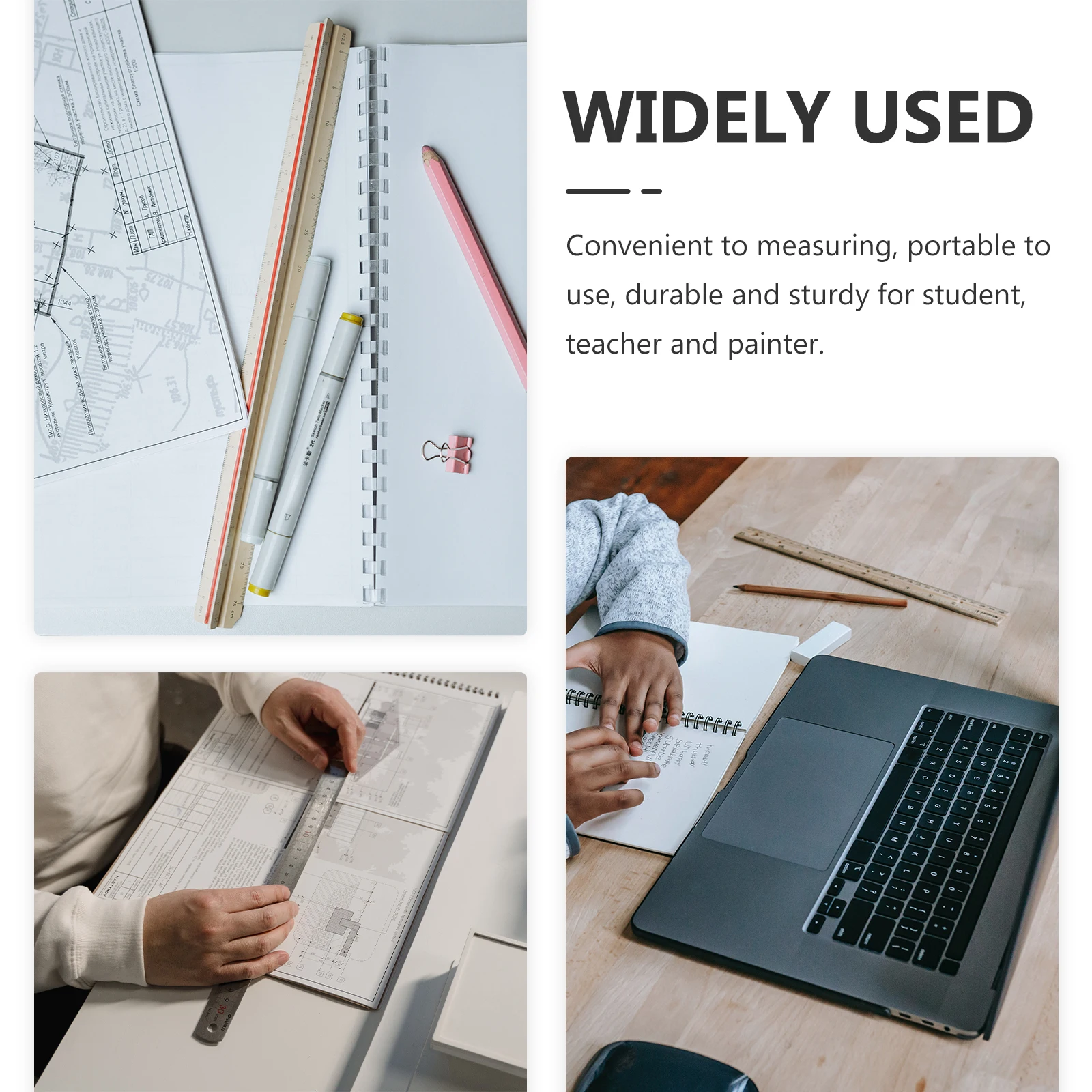 مجموعة مسطرة رسم مكونة من 3 قطع مسطرة مستقيمة معدنية مع مقياس مزدوج الجانب أداة قياس فولاذية عالية الوضوح للرسم الفني