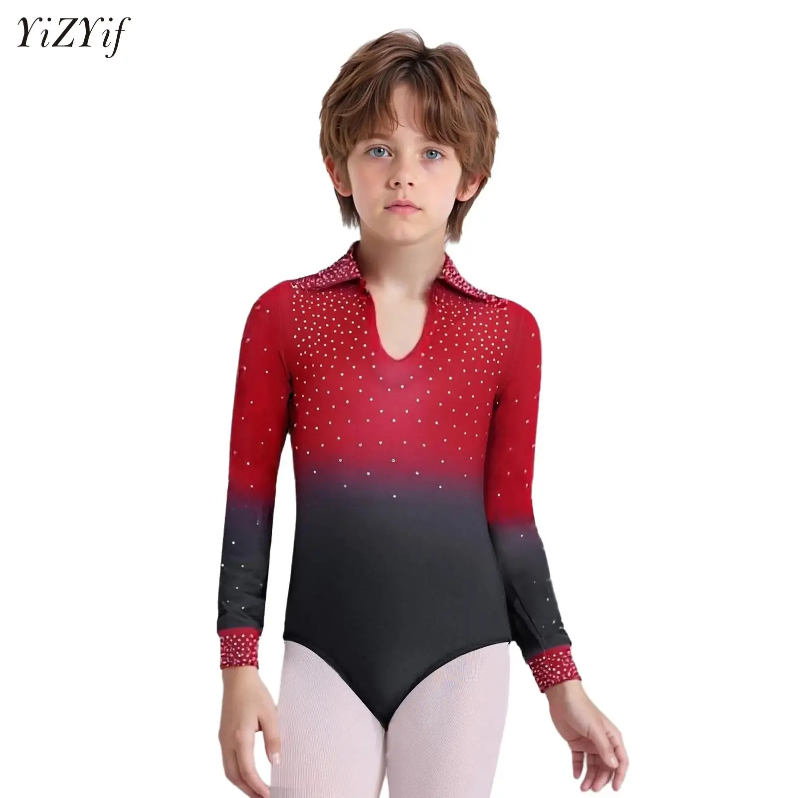 

Boys Latin Jazz Dance Leotard Shirt Bodysuit Top Kids Long Sleeve Gymnastics Jersey Figure Skating Ballroom Practice Costume