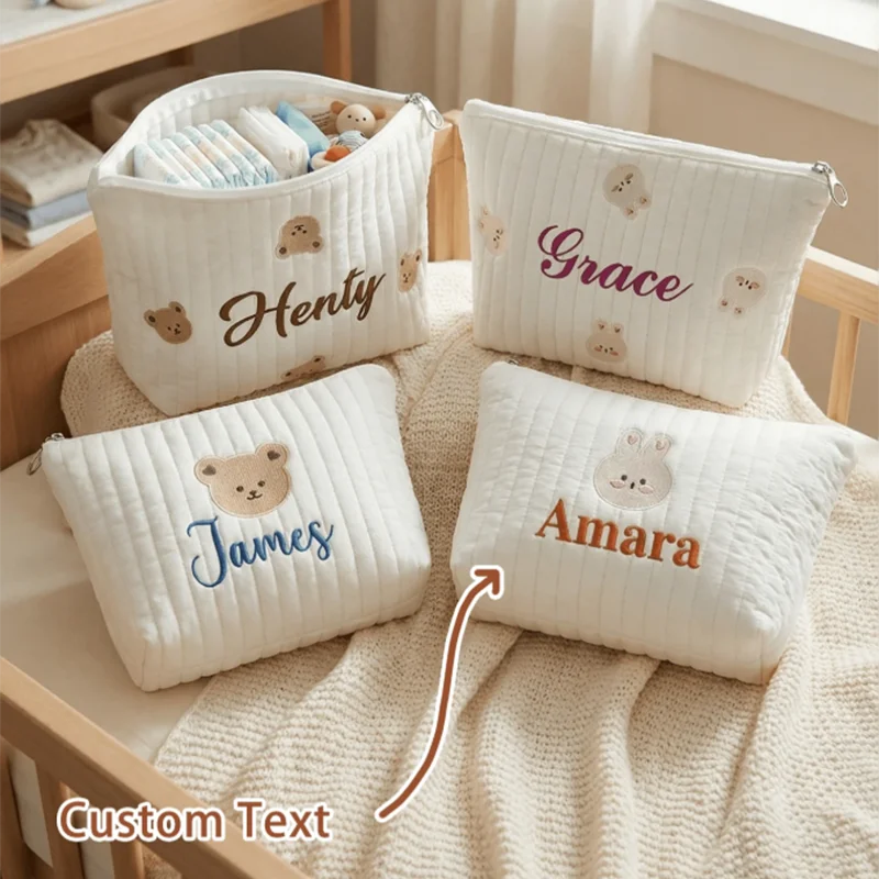 

Custom Name Embroidered Bear & Rabbit Diaper Tote Bag | Cute Colorful Travel Bag | Perfect Baby Shower Gift for New Moms