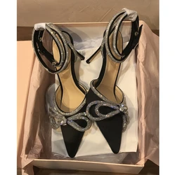 Women High Heels Rhinestone Butterfly-Knot Sequins Pumps Ankle Strap Crystal High Heeled Sandals Ladies Pointed Toe Dress Shoes