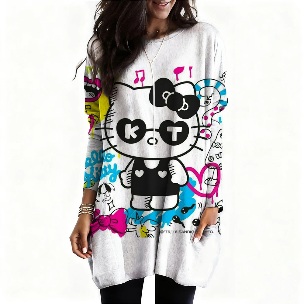 Girl Women's T-shirt Casual Kawaii Hello Kitty Cartoon Pattern Print Tshirt Comfortable Casual Women's Clothing Black Top