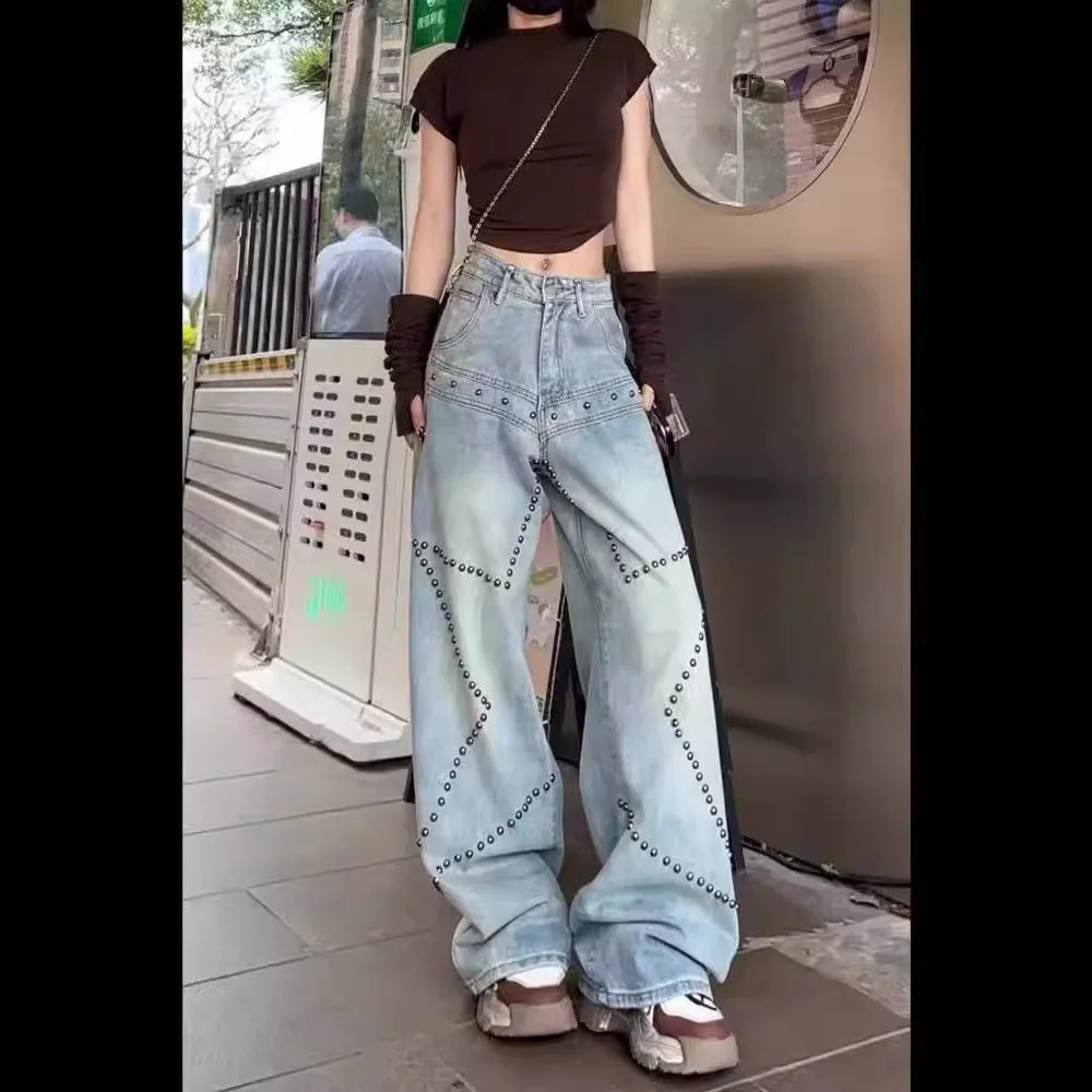 American Retro High Street Vibe Star Studded Jeans For Women, New Spring/Summer Design, Straight-Leg Floor-Length Pants, Trendy