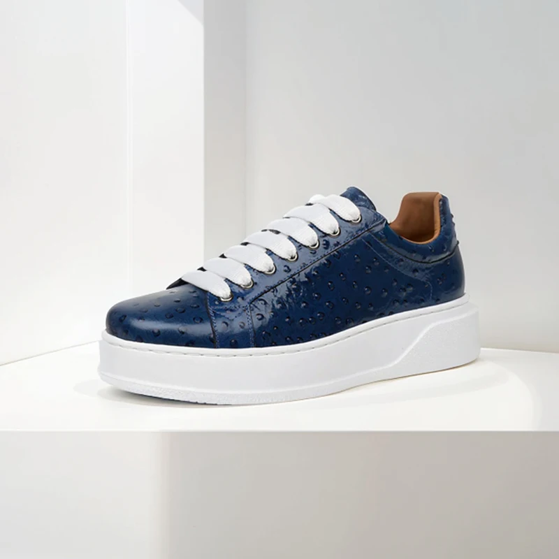 

Unisex Blue Platform Sneakers Mens Peacock Pattern Lace-up Cow Leather Round Toe Low-Top Casual Shoes Luxe Flat Shoes Handmade