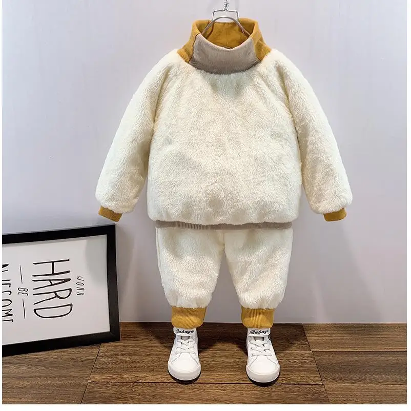 Children Set Winter Plush Thickened Cotton 1-7Y 2023 New Splicing High Collar Pullover+Pant Boys Girls Warm Suits Kids Clothes