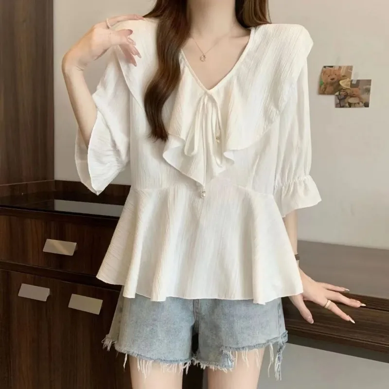 

New Summer Large Size Women's Chiffon V-neck Ruffled Quarter sleeved Shirt Loose Top