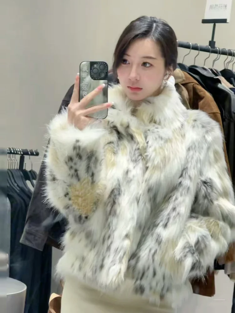 خريف 2025 جديد ليوبارد طباعة الوقوف طوق ort Plu تأثير الفراء الاصطناعي Jaet المرأة خمر فضفاضة تناسب معطف طويل Sve #1