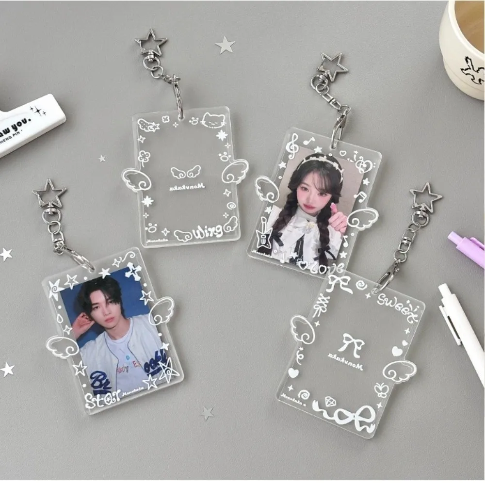 Acrylic 3-inch Photocard Holder with Angel Wings with Keychain ID Badge Holder Graffiti Style Card Sleeve School Supplies