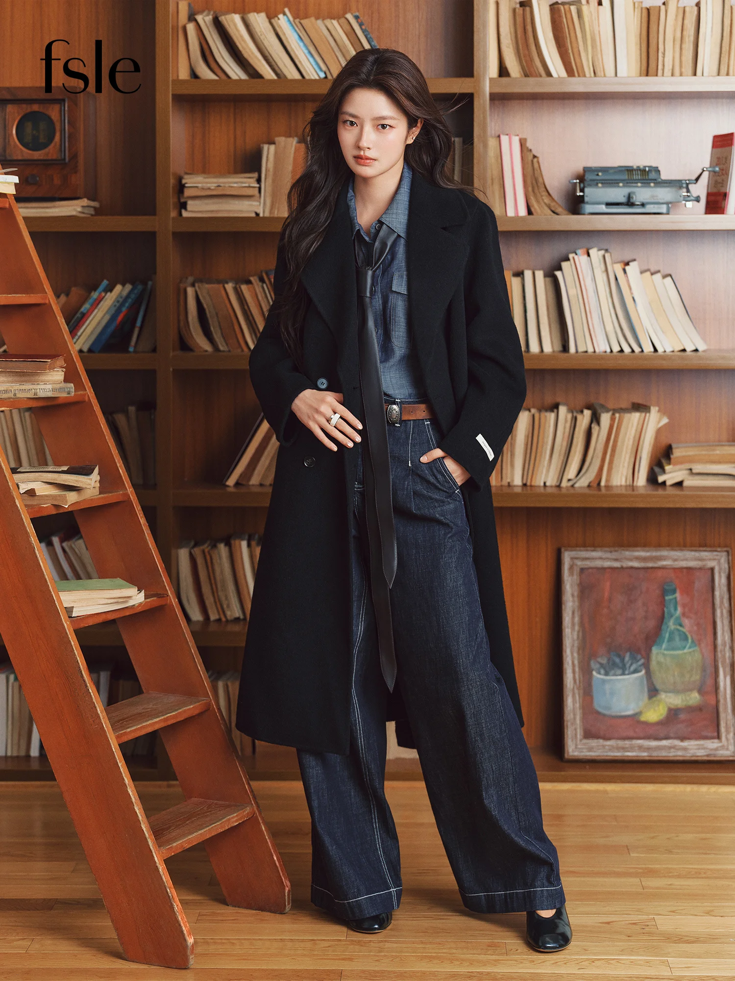 FSLE 2026 Winter Women's Chic Double-Faced Cashmere Blend Notch Lapel Long Coat - Elegant Classic Wool Outerwear for Daily Wear