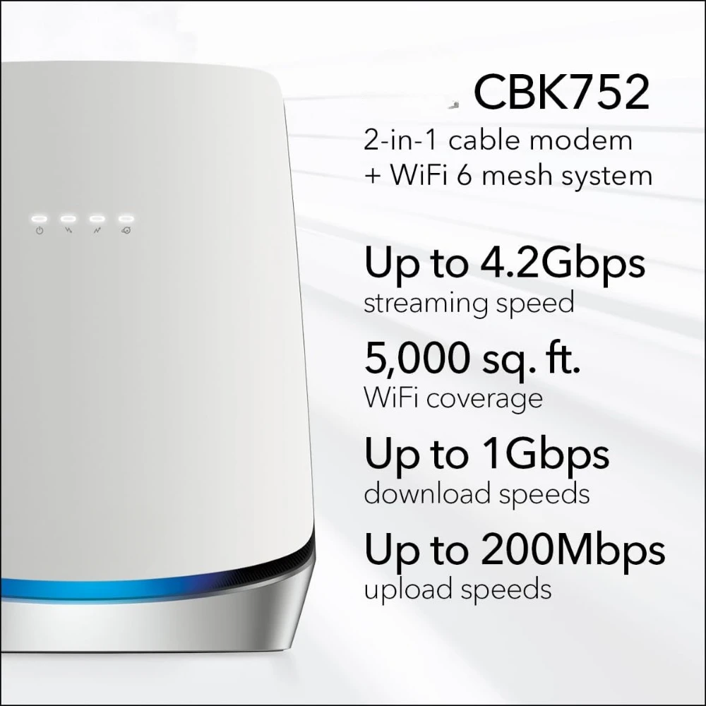 (CBK752) 3.1 Cable Modem and WiFi 6 Mesh Router – AX4200 4.2Gbps Wireless Speed – Covers 5,000 sq.ft., 40 Devices