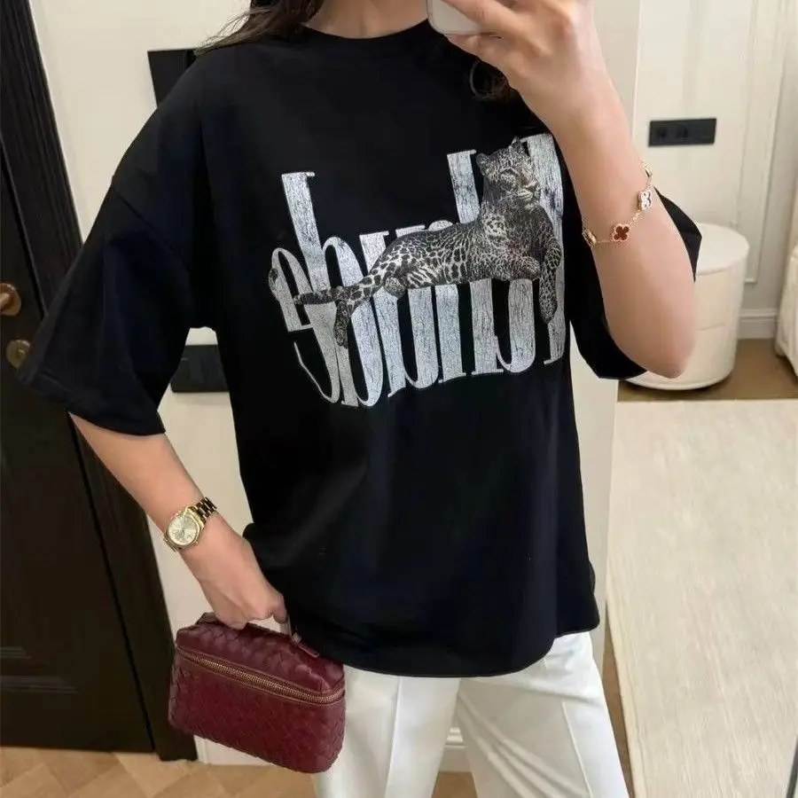 2026 new Women White Crew Neck Cotton T-Shirt Vintage Leopard Letter Graphic Oversized Casual Tee
