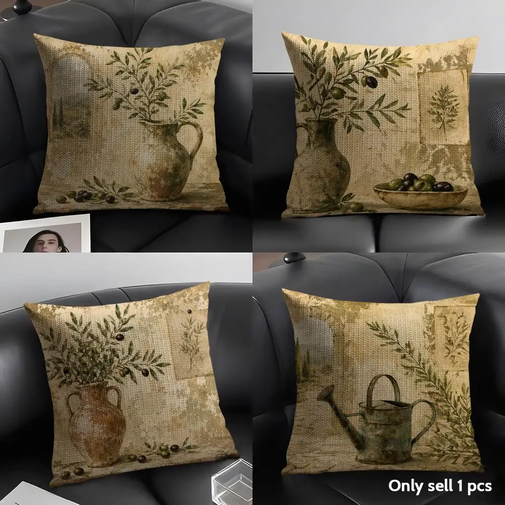 Vintage Olive Branch Botanical Cushion Cover Natural Linen Pillow Case Organic Fabric Double Sided Print Sofa Home Decor Gift