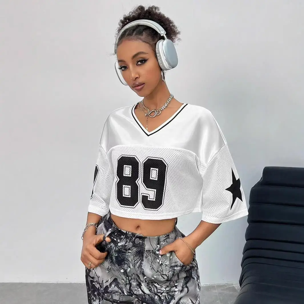 

Street Sle Hip Hop Women's Casual V-Ne Gothic ort Sve T-irt Loose Fit Printed Text Pattern Faion Top