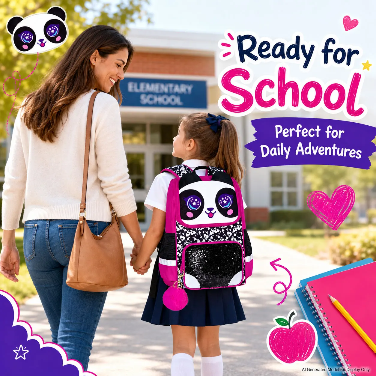 Kid's backpack 3PCS 15 Inch Hard Shell Set, Big Eyes Purple Panda Print, One Backpack + One Handbag + One Pencil Case
