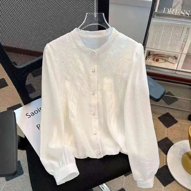 

White Shirt Spring 2025 Sweet Lace Lace Long Sleeved Single Breasted Top For Women