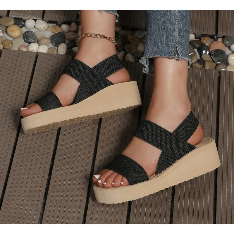 New Women's Minimalist Wedge Sandals Open Toe Thick Soled Platform Casual Sandals Ankle Strap Slingback Sandals Solid Color