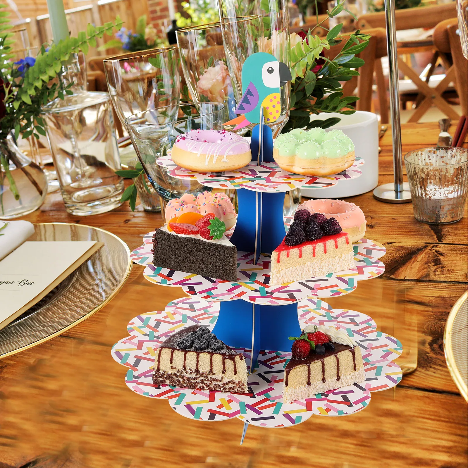 

Parrot Theme Cake St Dessert Display 3 Layer Cupcake Tower Child Party Trays Paper Decor Kitchen Bar Accessories