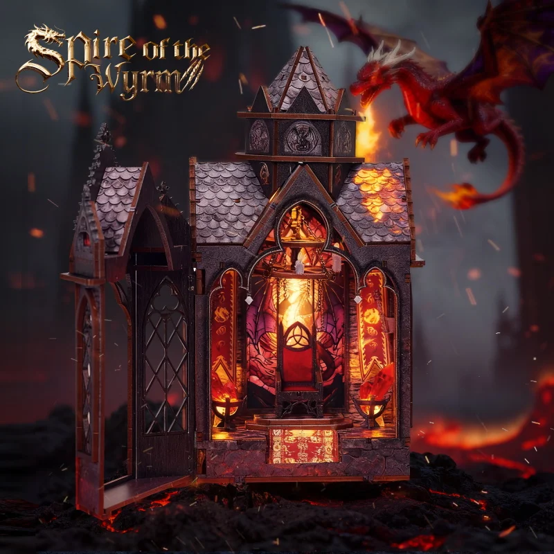 DIY-Buchecke aus Holz, Miniatur-Modellbausätze, Spire of The Wyrm, Buchstütze, 3D-Puzzle mit LED-Licht für Freunde, Geburtstagsgeschenke