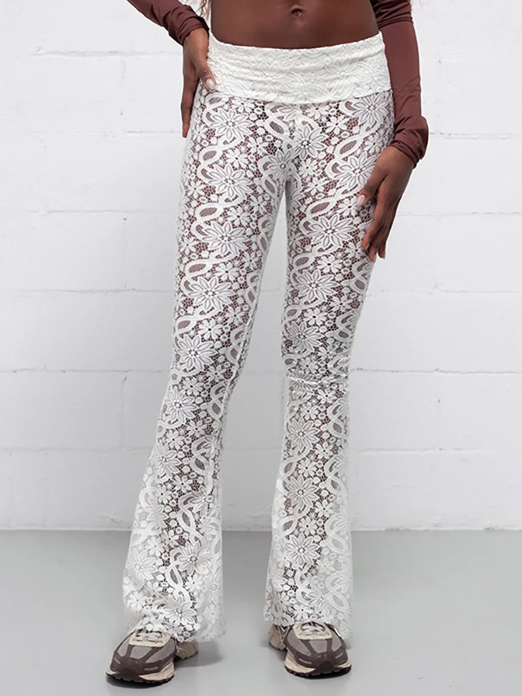 Fantoye Sexy See Through Lace Women Pant White High Waist Print Floral Flare Pant Female Summer Skinny Elegant Streetwear 2024