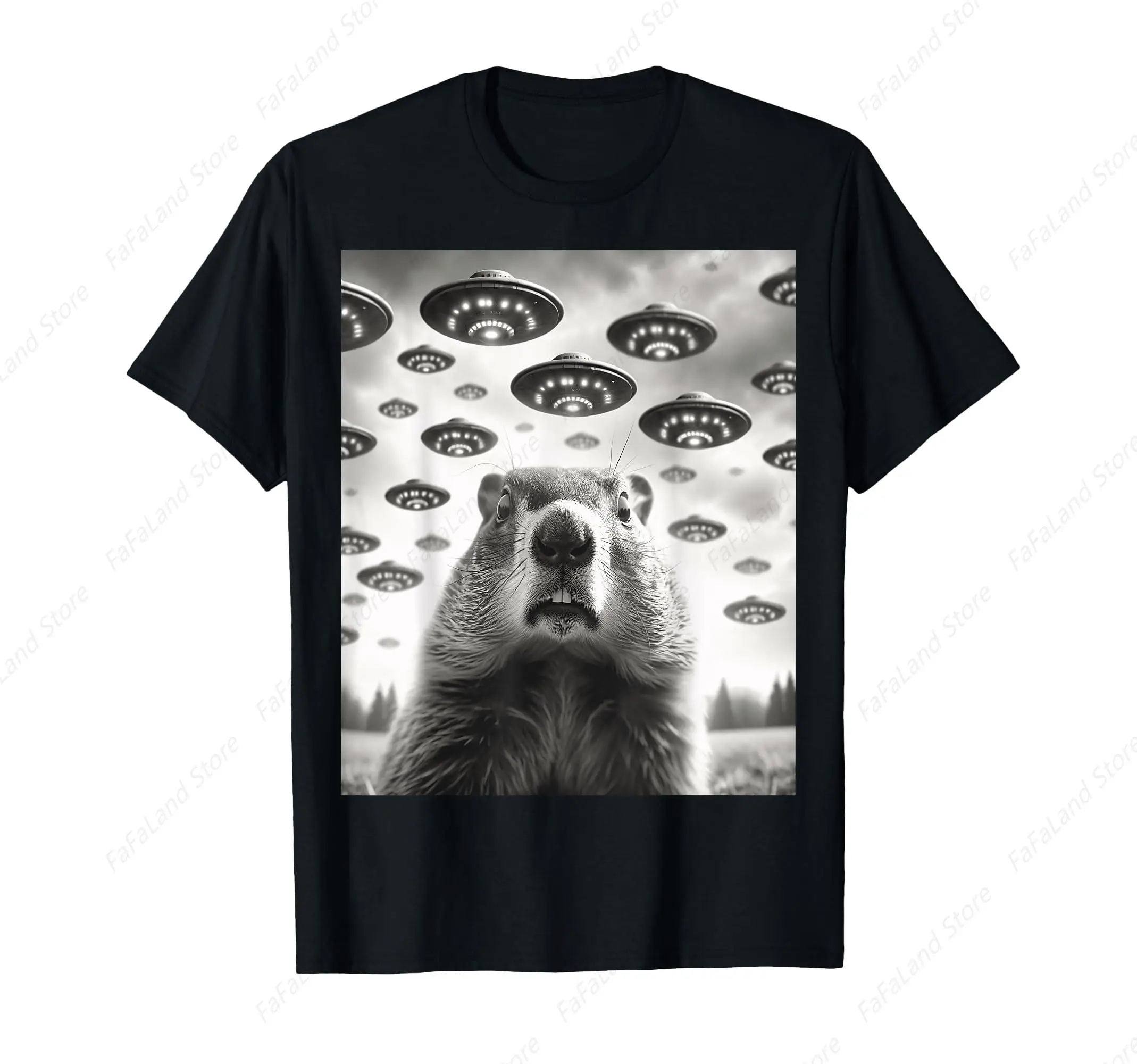 Funny Groundhog Selfie With Alien UFOs Weird T-Shirt for Men Women Cotton Top Tee