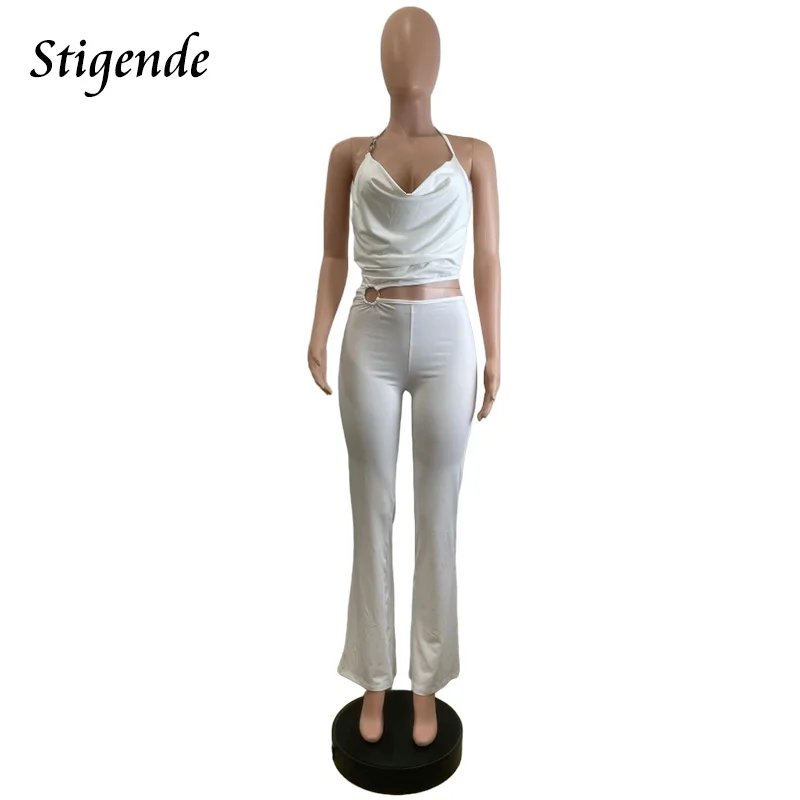 Stigende Sexy Backless Cut Out Jumpsuit Women Halter Neck Flare Leg Irregular Jumpsuit