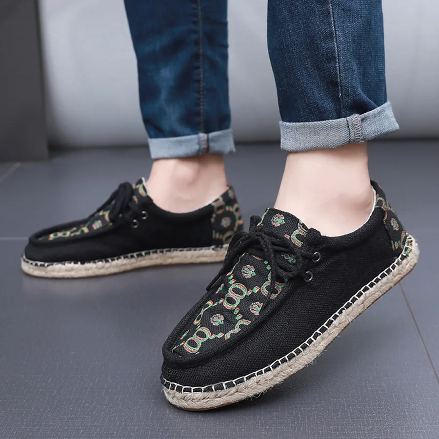Spring New Men Canvas Casual Shoes Fashion Print Flat Shoes Street Cool Lace-up Loafers