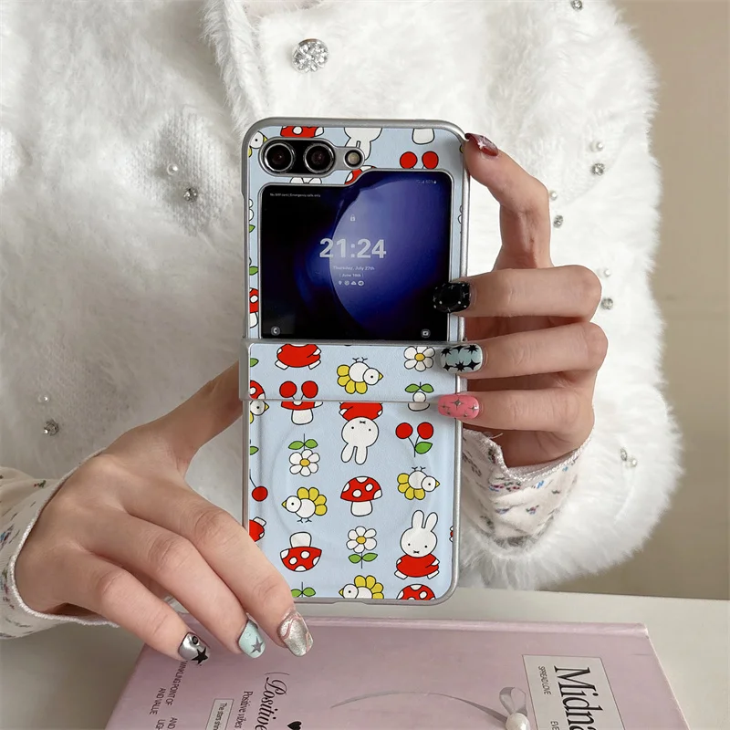Kawaii Light Blue Miffy Rabbit Mushroom Leather Phone Case F