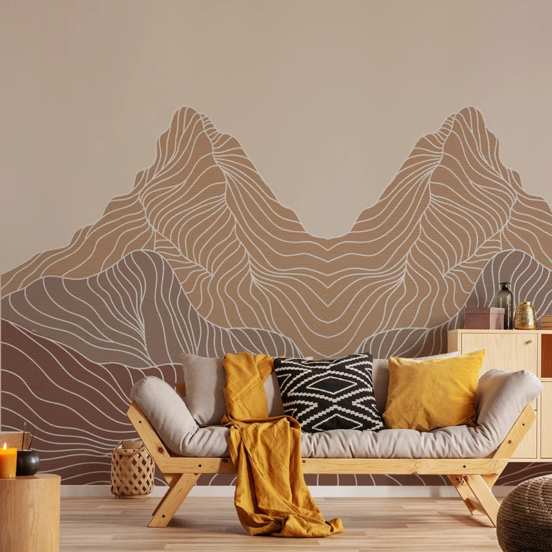 Brown Line Wave Moutain Wall Mural Creative Waterproof Self-Adhesive Fabric Wall Sticker Wear-resisting Wallpaper for Home Decor