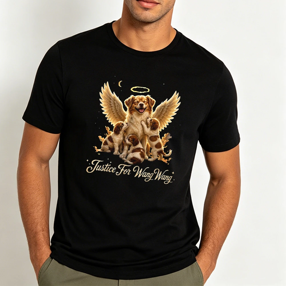 Justice For Wang Wang Angel Wing Dog Family Halo Moon Front Print Pet Memorial Animal Lover Unisex Short Sleeve T-Shirt