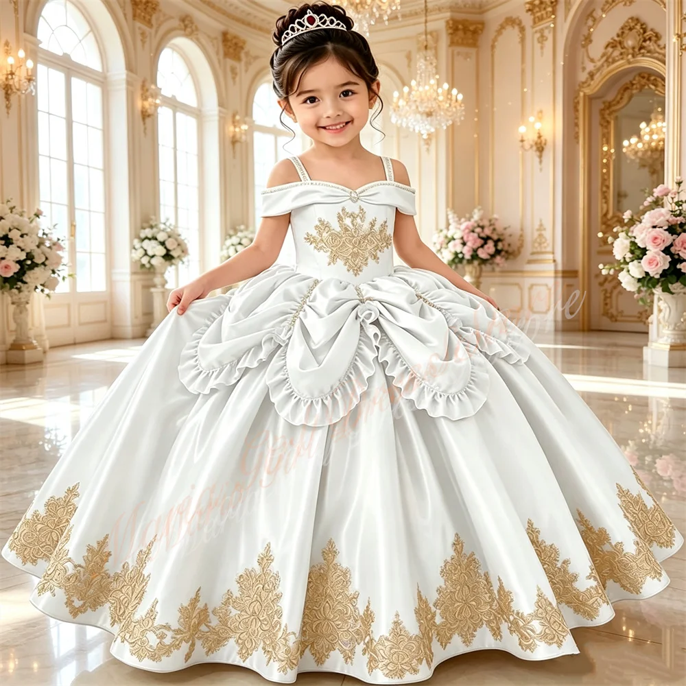 Customized Luxury Pink Satin Fluffy Flower Girl Dress Wedding Golden Floral Decal Bow and Train Back Kids Birthday Party Gown