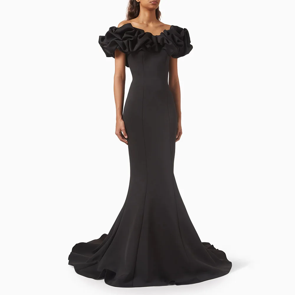 فستان سهرة بحورية البحر مخصص طويل قبالة الكتف كشكش البوق فساتين لحضور الحفلات الموسيقية للنساء رقبة على شكل V أسود رداء حفلات رسمي