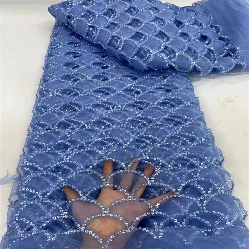 

African Mesh Sequins Lace Fabric 2024 Luxury High Quality French Embroidery Sequins Lace Fabric For Women Wedding Dresses Blue