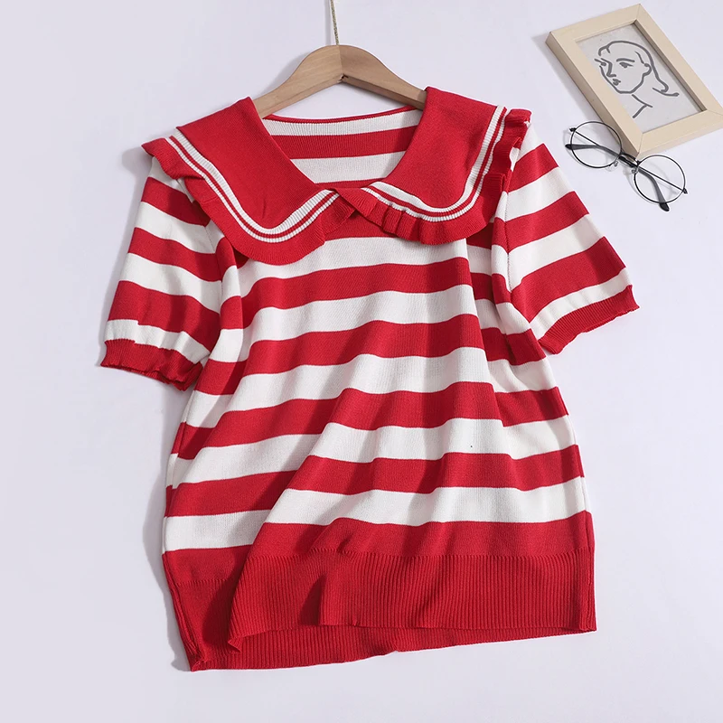 Women Summer Sweet Sailor Collar Tops Stripes Thin Short Sleeved Pullover Elastic Loose Casual T-shirt Spring Chic Knit Shirt