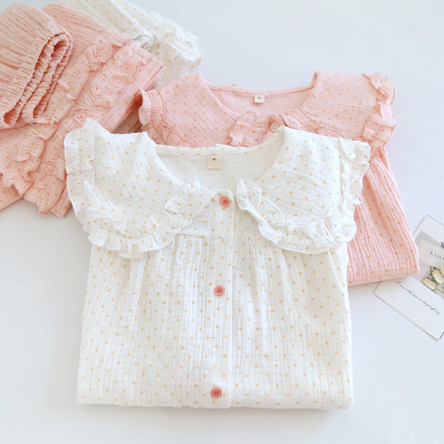 

Women's Summer Sweet Doll Collar Polka Dot Pajama Set Cotton Crepe Long Sleeve Shirt Pants Two Piece Home Clothes