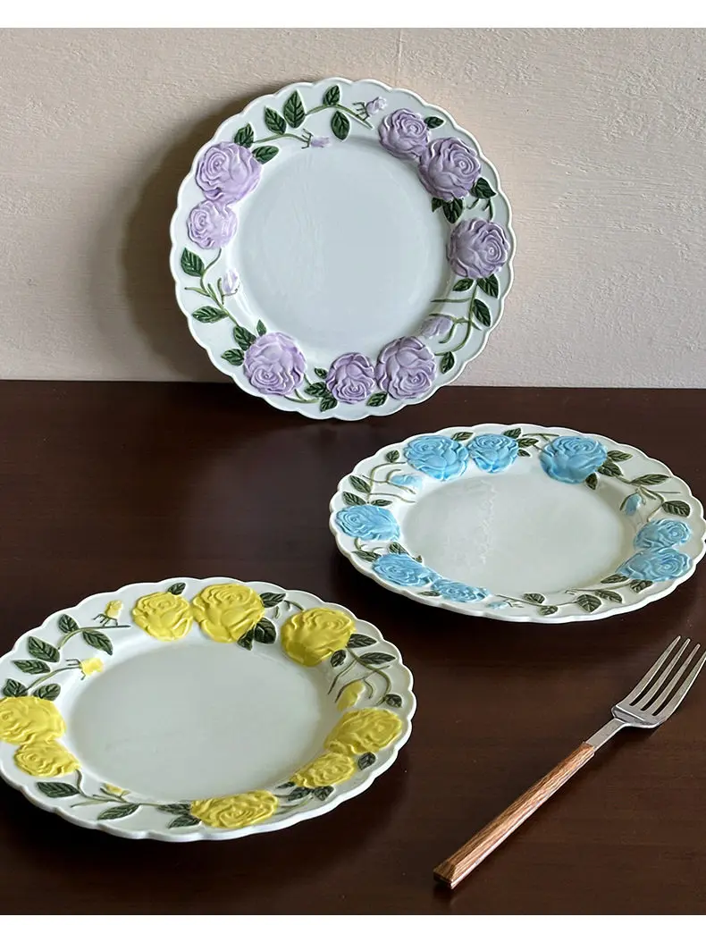 

French Romantic Ceramic Plate, Retro Embossed Rose Dinner Plate, Delicate Home Tableware for Desserts & Serving