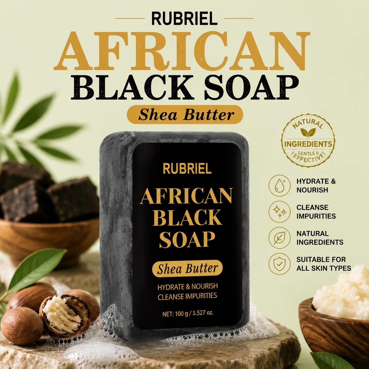 One African black soap and shea butter, specially designed for translucent skin, available in a bar for face and body.