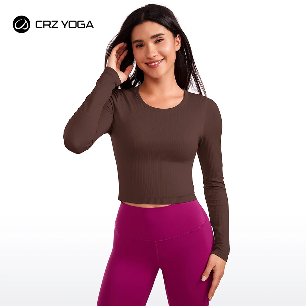 

CRZ YOGA Seamless Ribbed Double Lined Long Sleeve Crop Tops for Women Crew Neck Athletic Workout Basic Cropped Fitted Shirts