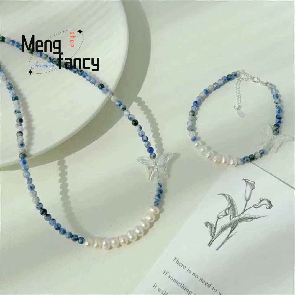 

S925 Silver Natural Blue Dot Stone Butterfly Pearl Collarbone Chain Bracelet Exquisite Elegant Fashion Fine Jewelry Holiday Gift