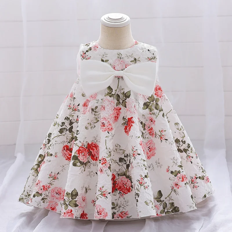 2023 New Flower Child Princess Dress Sleeveless Printed Dress Bow Baby Pompadour Dress One Year Old Dress